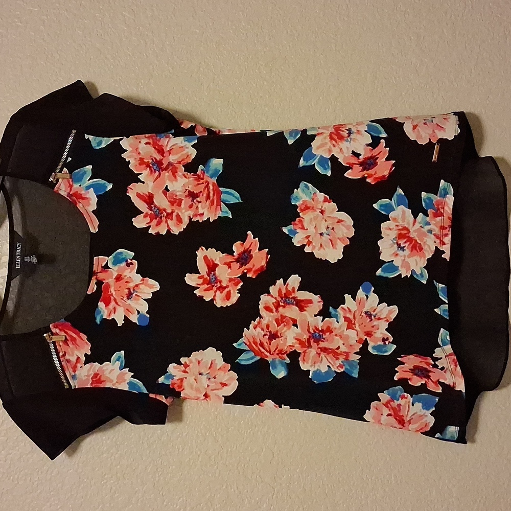 Ellen Tracy Black Top with Pink Floral Design